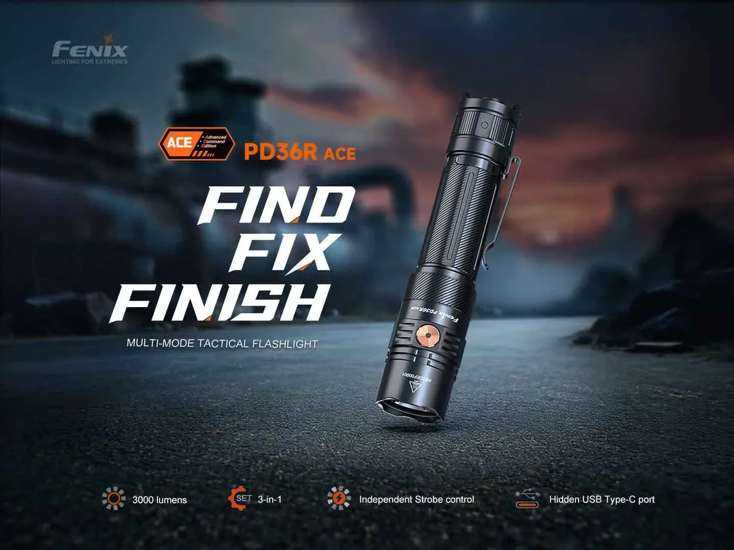 Fenix PD36R ACE + Free E12 V3.0 Combo Set tactical flashlight with "FIND FIX FINISH" slogan and key features.