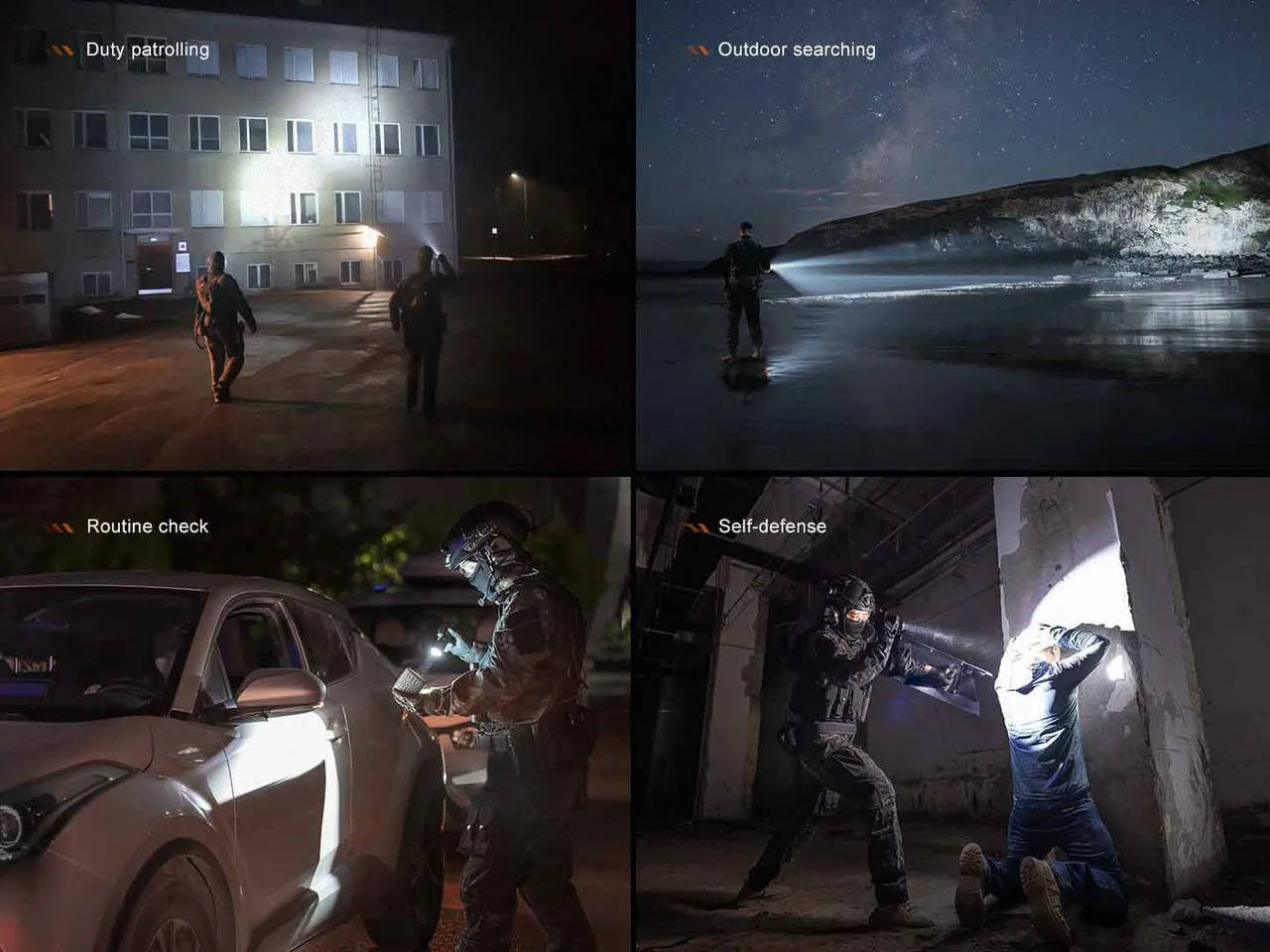 Fenix TK21R 3600 Lumens 480 metre Tactical LED Rechargeable Torch in use for duty patrolling, outdoor searching, routine check, and self-defense.