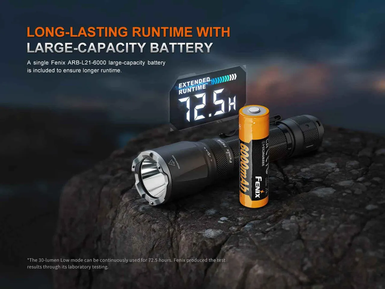 Fenix TK21R 3600 Lumens 480 metre Tactical LED Rechargeable Torch with 6000mAh battery showing 72.5 hours runtime.