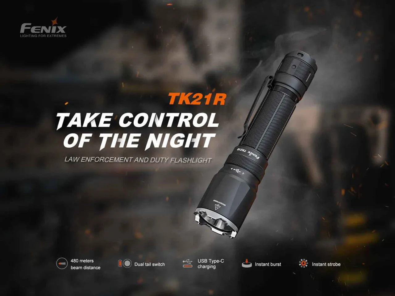 Fenix TK21R 3600 Lumens 480 metre Tactical LED Rechargeable Torch with key features highlighted.