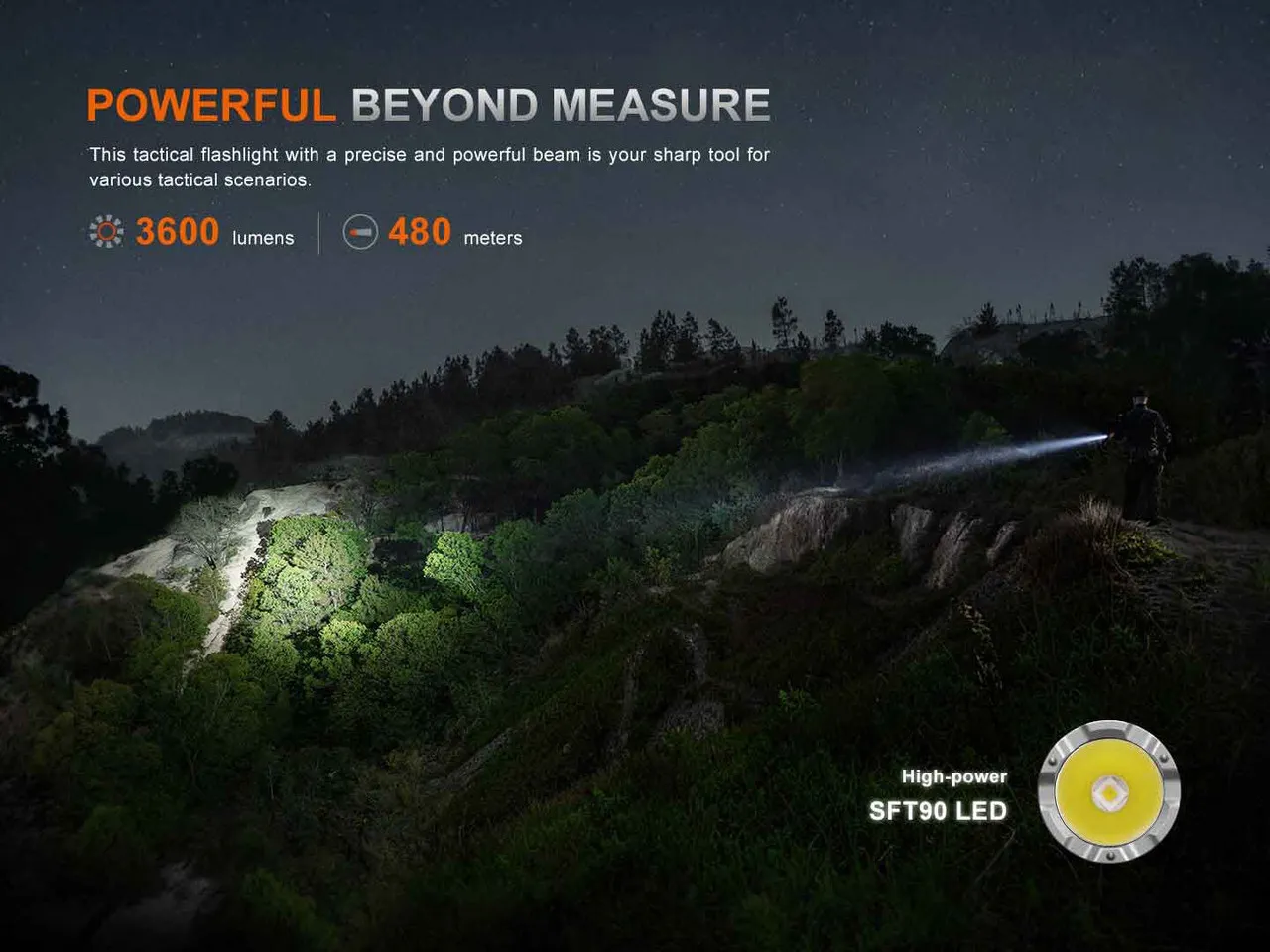Fenix TK21R 3600 Lumens 480 metre Tactical LED Rechargeable Torch demonstrating its powerful 3600 lumens, 480m beam.