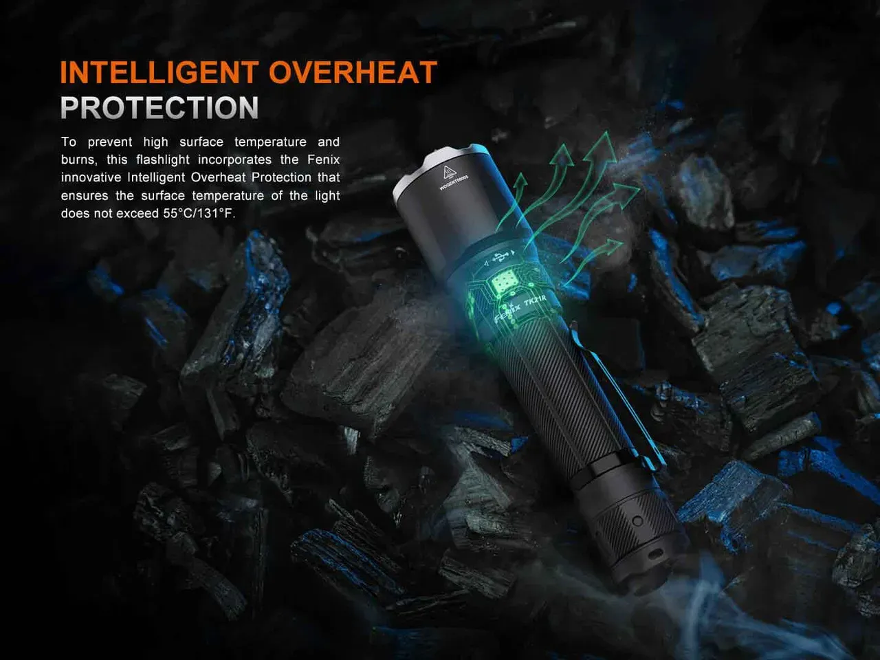 Fenix TK21R 3600 Lumens 480 metre Tactical LED Torch + Free T5 Pen showcasing intelligent overheat protection technology.