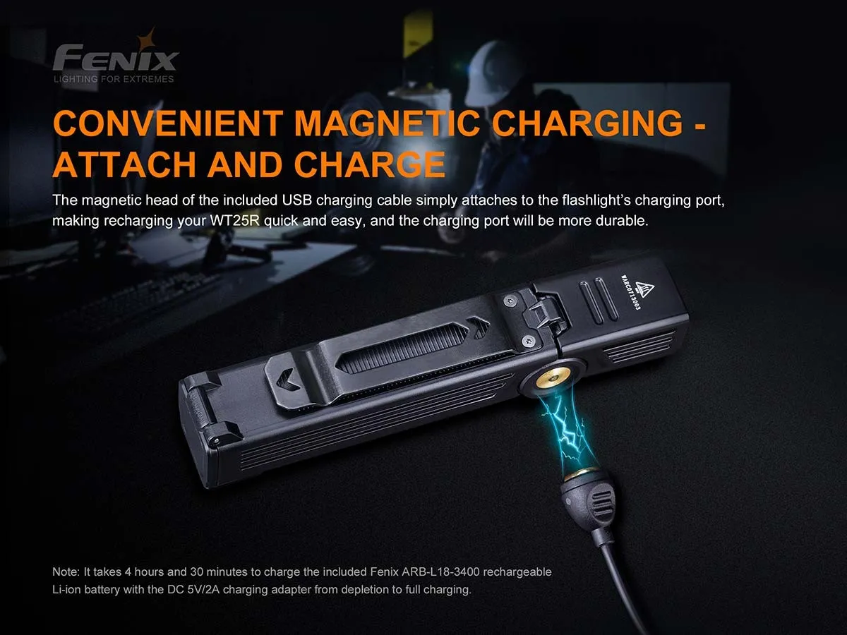 Fenix WT25R adjustable 1000 lumen rechargeable work light demonstrating convenient magnetic charging.