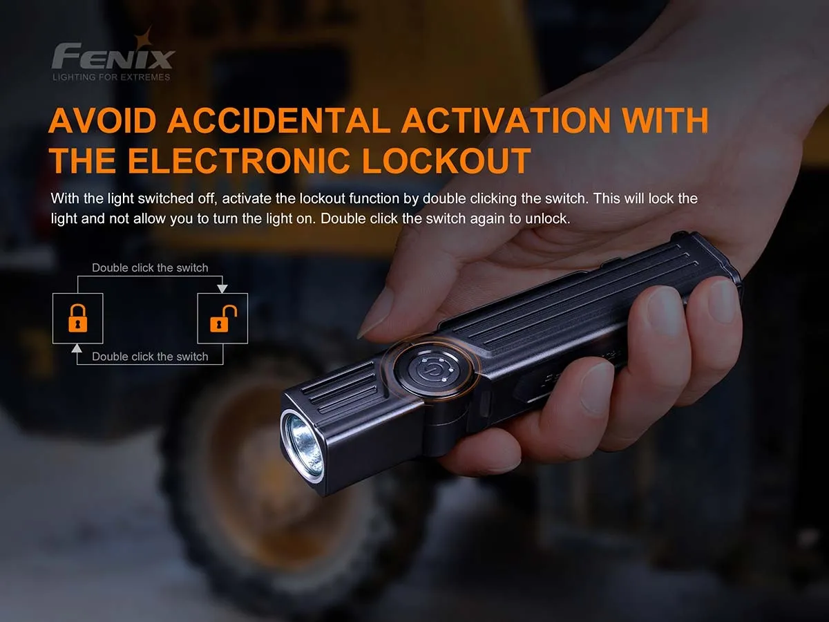 Fenix WT25R adjustable 1000 lumen rechargeable work light demonstrating the electronic lockout function.