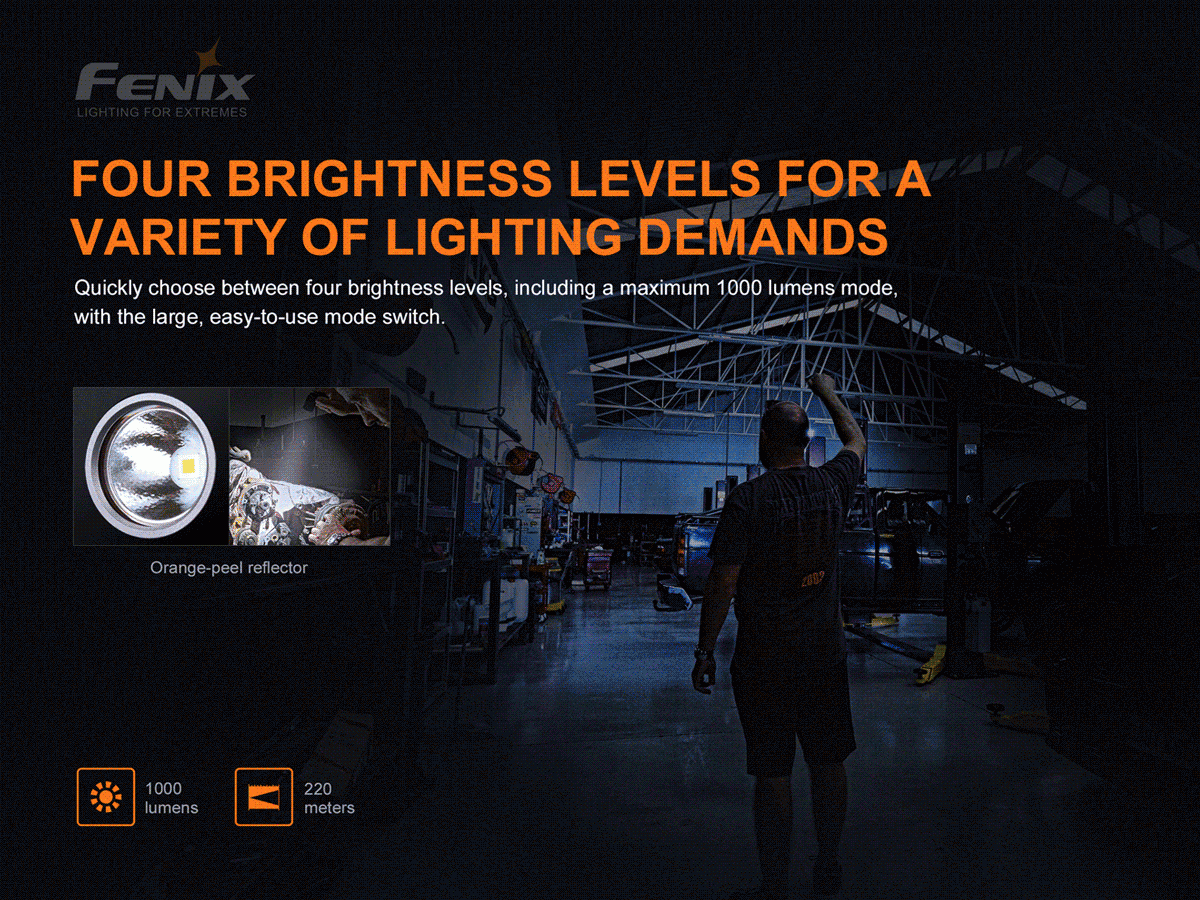 Fenix WT25R adjustable 1000 lumen rechargeable work light demonstrating four brightness levels and orange-peel reflector.