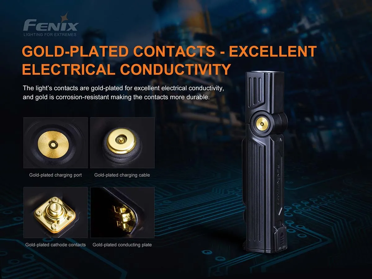 Fenix WT25R adjustable 1000 lumen rechargeable work light showing its gold-plated contacts for conductivity.