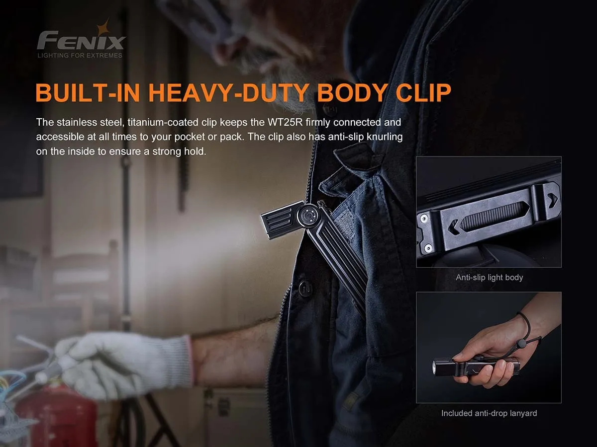 Fenix WT25R adjustable 1000 lumen rechargeable work light with its heavy-duty body clip and anti-drop lanyard.