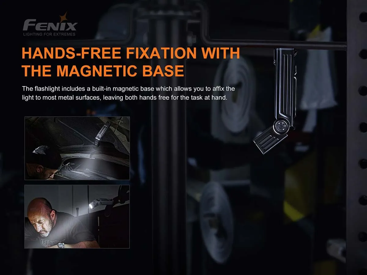 Fenix WT25R adjustable 1000 lumen rechargeable work light showing hands-free magnetic base fixation in use.