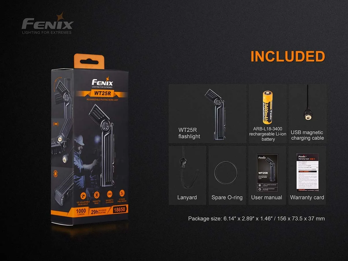 Fenix WT25R adjustable 1000 lumen rechargeable work light packaging and all included accessories.