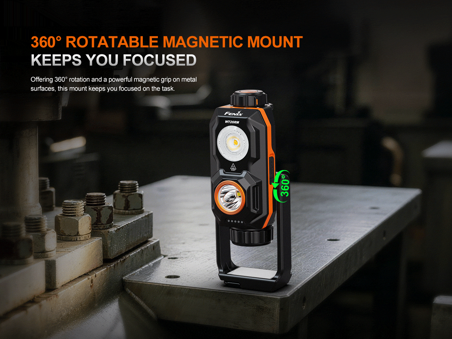 Fenix WT26RM - 2500lm High-Cri Portable Work Light showcasing its 360-degree rotatable magnetic mount.