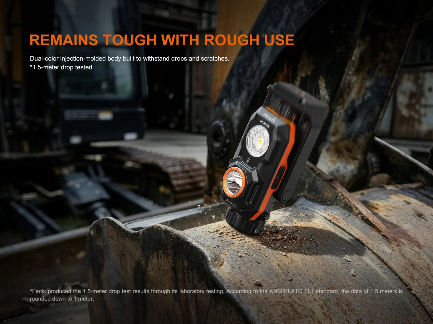 Fenix WT26RM - 2500lm High-Cri Portable Work Light dropped on a construction site, demonstrating its toughness.