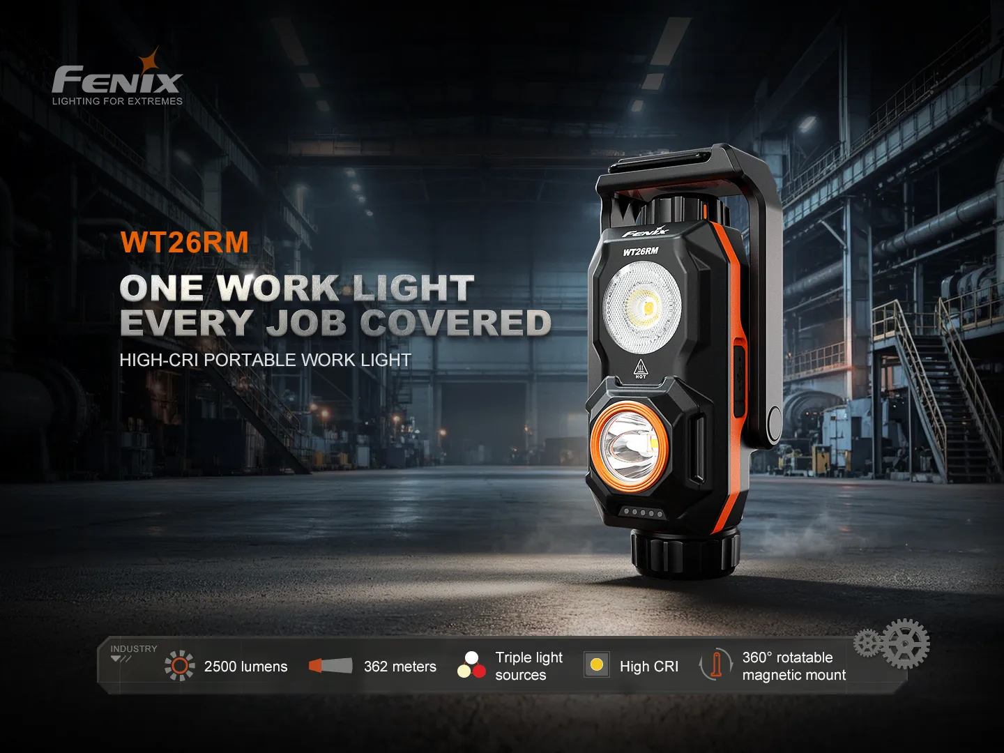 Fenix WT26RM - 2500lm High-Cri Portable Work Light in an industrial setting, highlighting its versatile features.