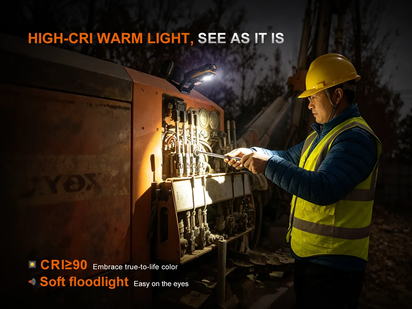Fenix WT26RM - 2500lm High-Cri Portable Work Light providing high-CRI warm light for detailed work on machinery.