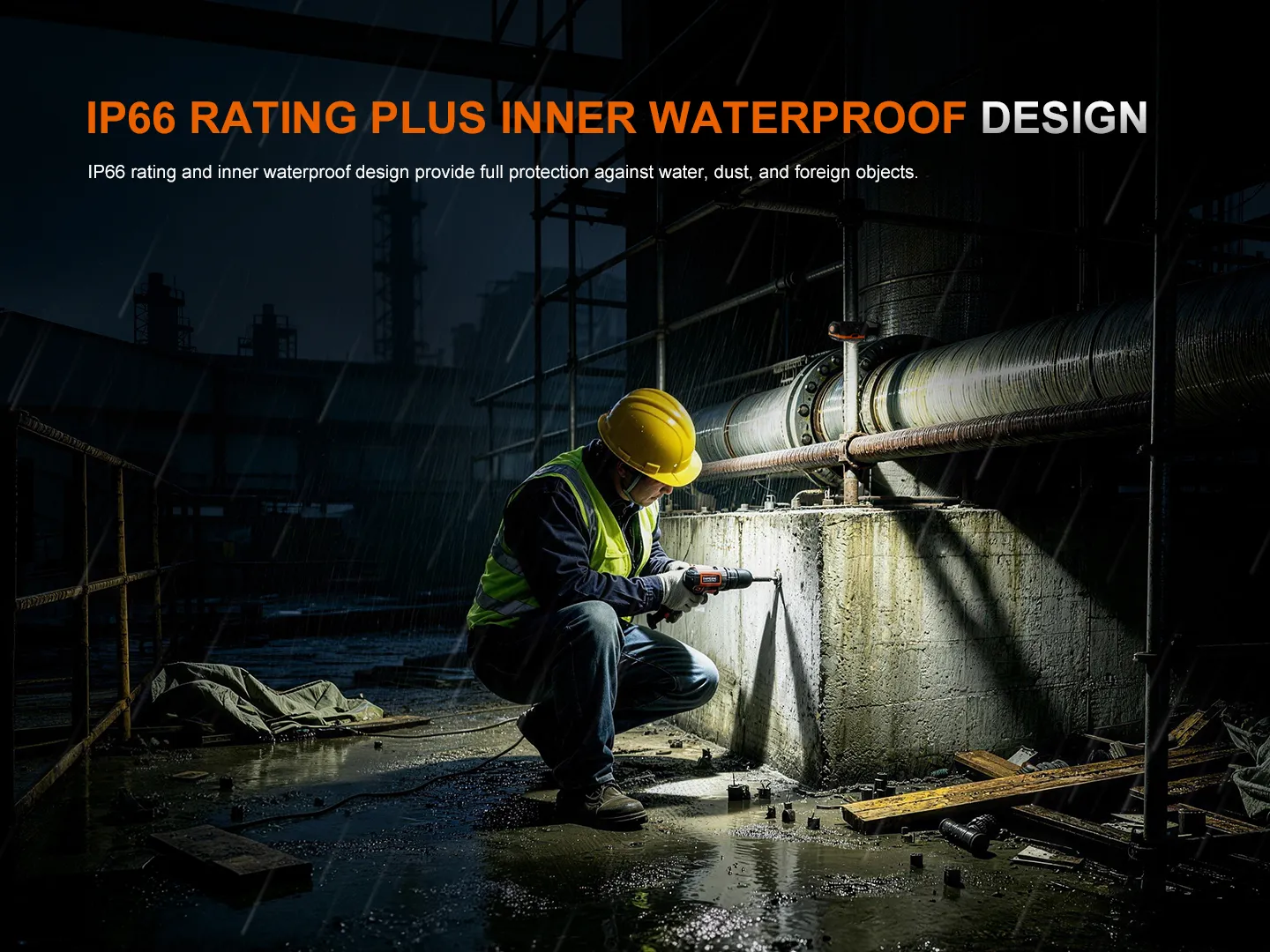 Fenix WT26RM - 2500lm High-Cri Portable Work Light used by a worker in the rain, showcasing its IP66 waterproof design.