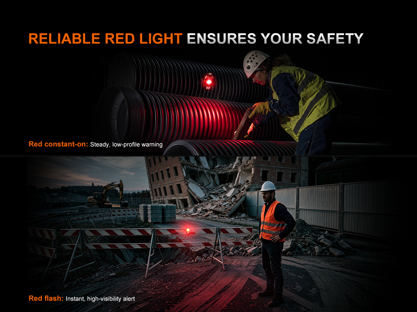 Fenix WT26RM - 2500lm High-Cri Portable Work Light's red light in steady and flash modes for safety and warning.