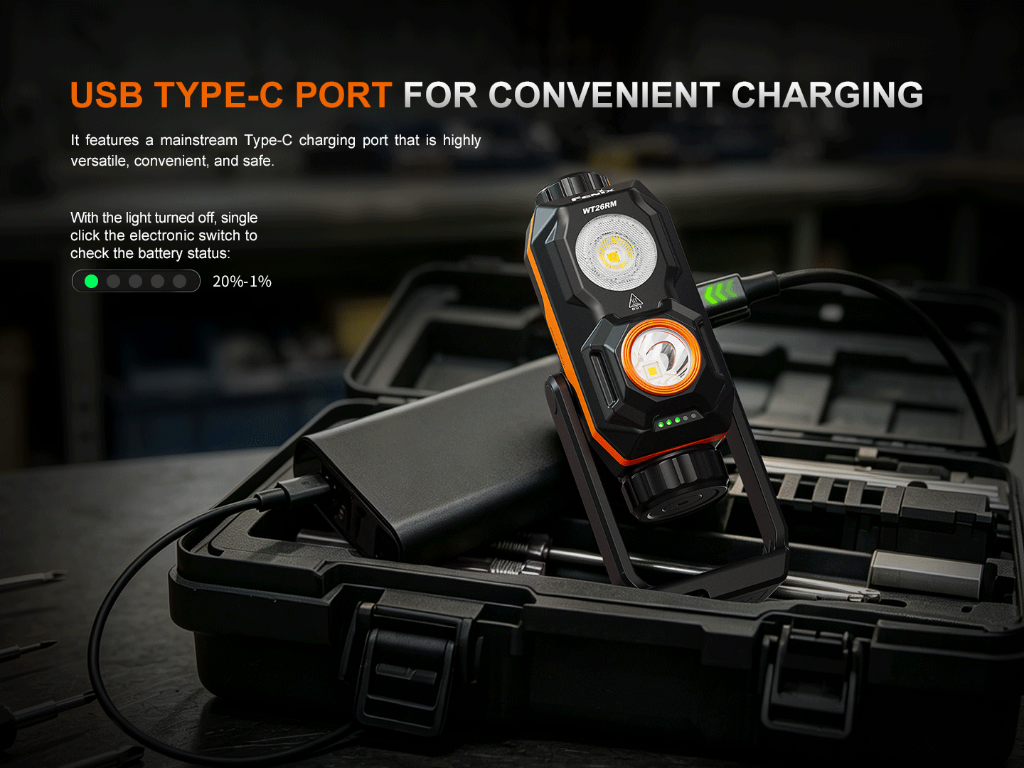 Fenix WT26RM - 2500lm High-Cri Portable Work Light charging via USB-C port with a power bank.