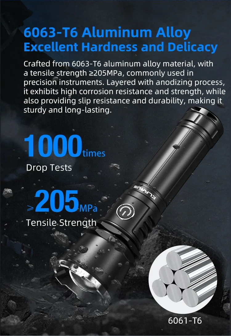Flashlight made from durable 6063-T6 aluminum alloy, highlighting 1000 drop tests and 205MPa tensile strength.