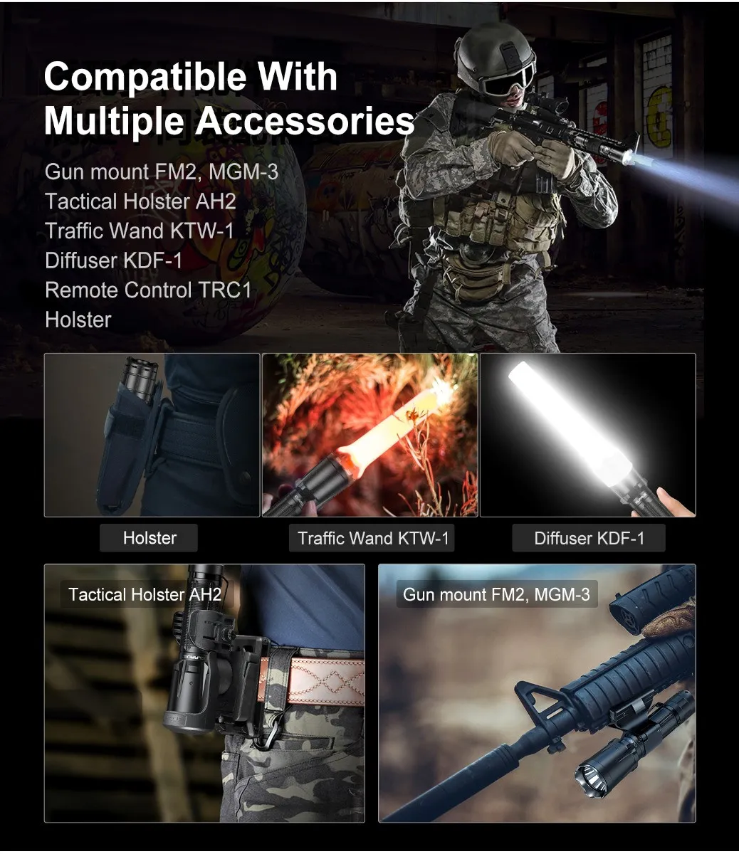 Flashlight shown with multiple accessories: holster, traffic wand, diffuser, tactical holster, and gun mount.