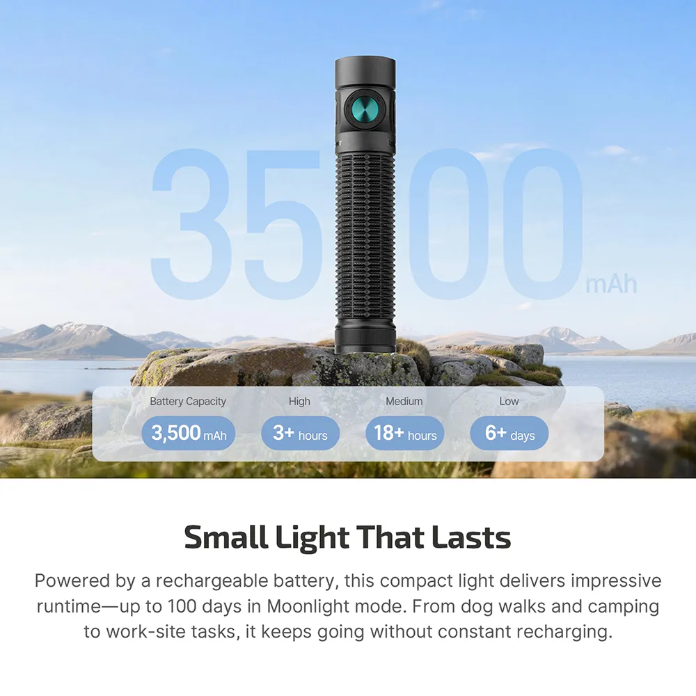 Olight Baton4 Pro flashlight standing on a rock, showing 3500 mAh battery capacity and runtime details.