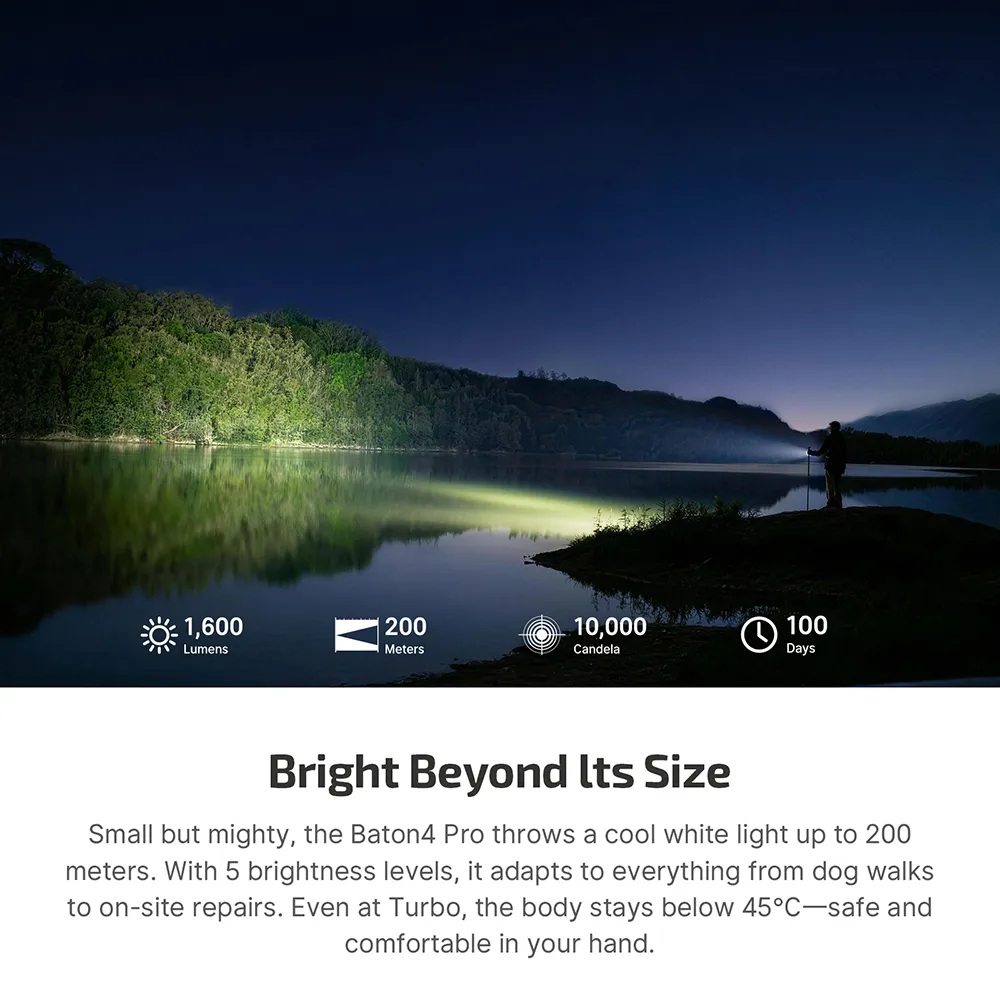 Olight Baton4 Pro flashlight beam illuminating a lake at night, showing 1600 lumens, 200 meters, 10000 candela.