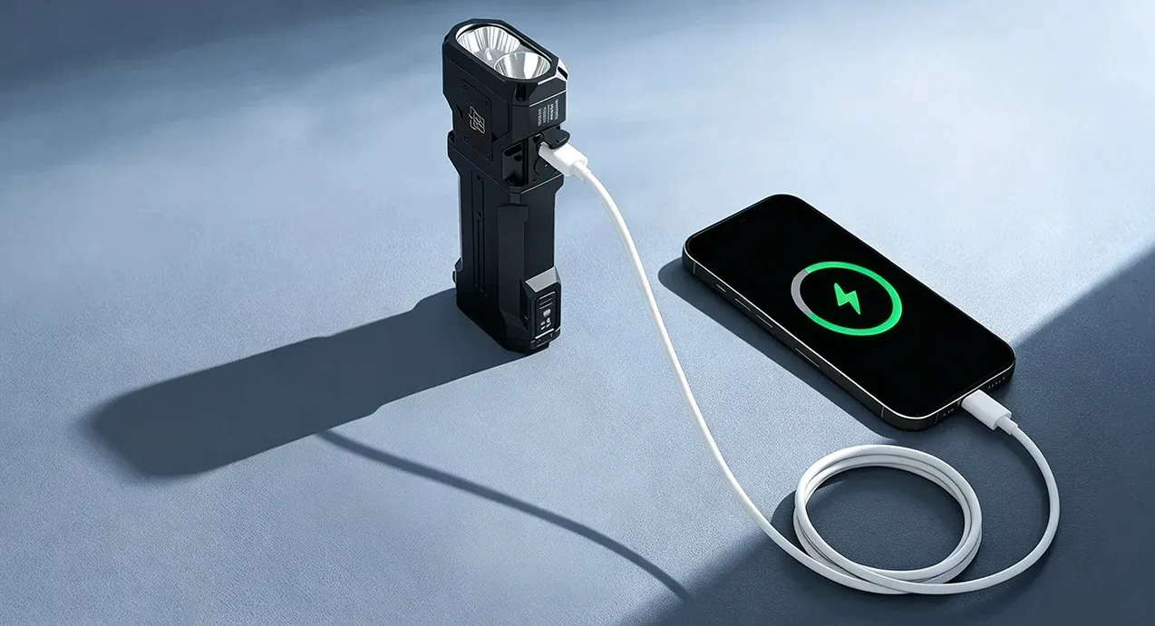 The NUBEN X1Pro flashlight acting as a power bank, charging a smartphone via a white USB cable.