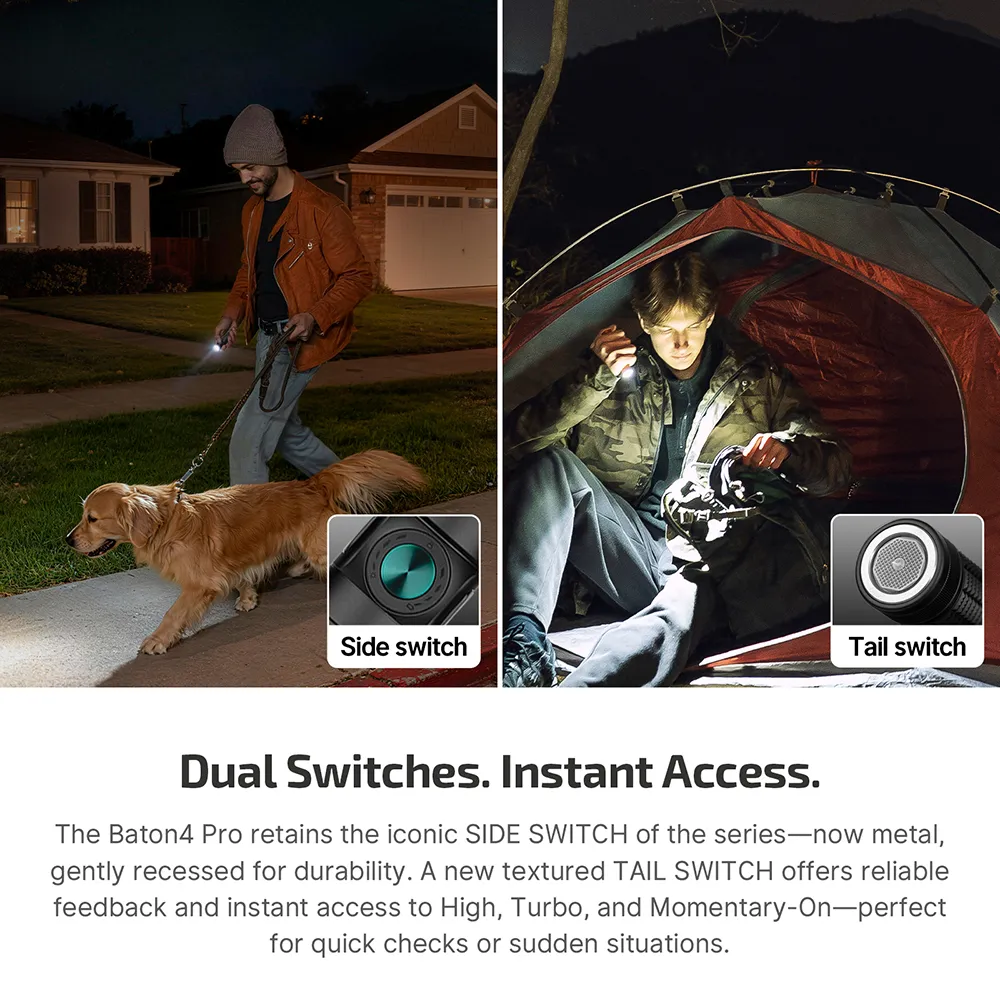 Olight Baton4 Pro flashlight showing dual switches (side and tail) in use during dog walking and camping.