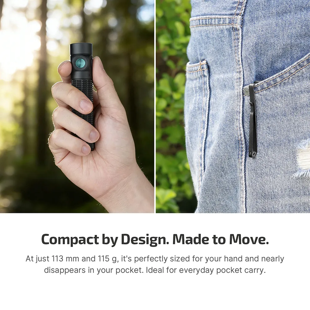 Olight Baton4 Pro flashlight held in a hand and clipped into a jeans pocket, demonstrating its compact size.
