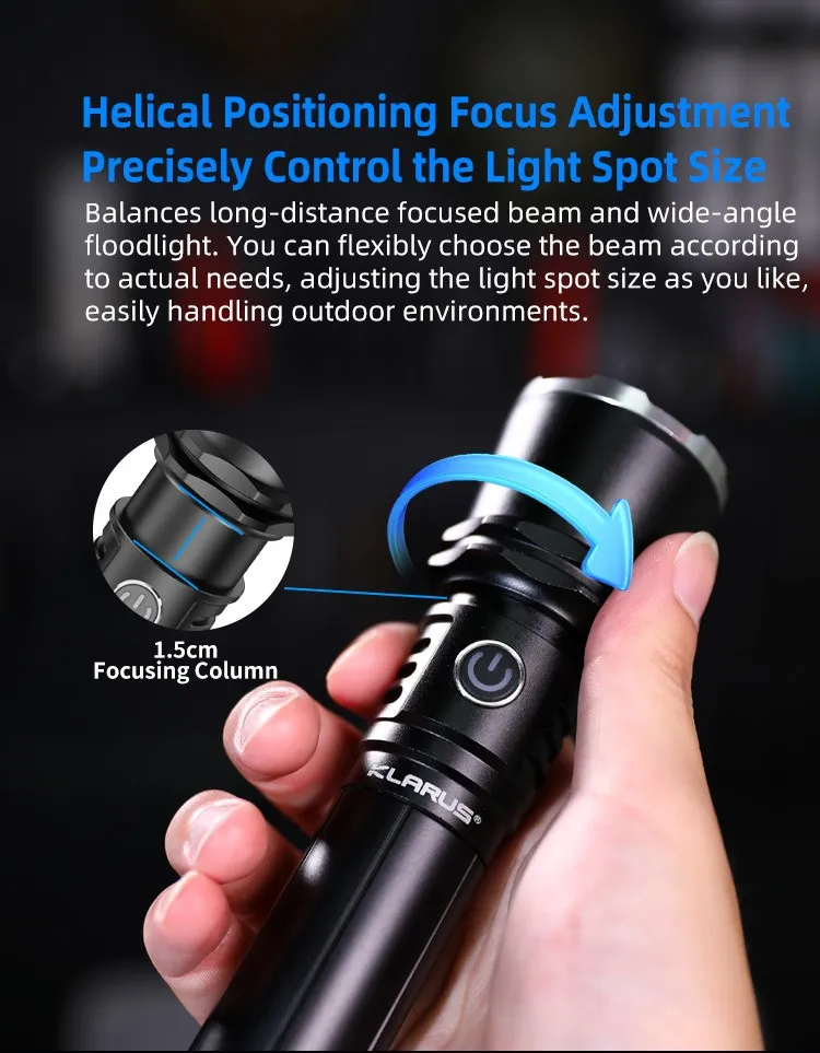 A hand demonstrating the helical positioning focus adjustment of the flashlight by rotating its head.