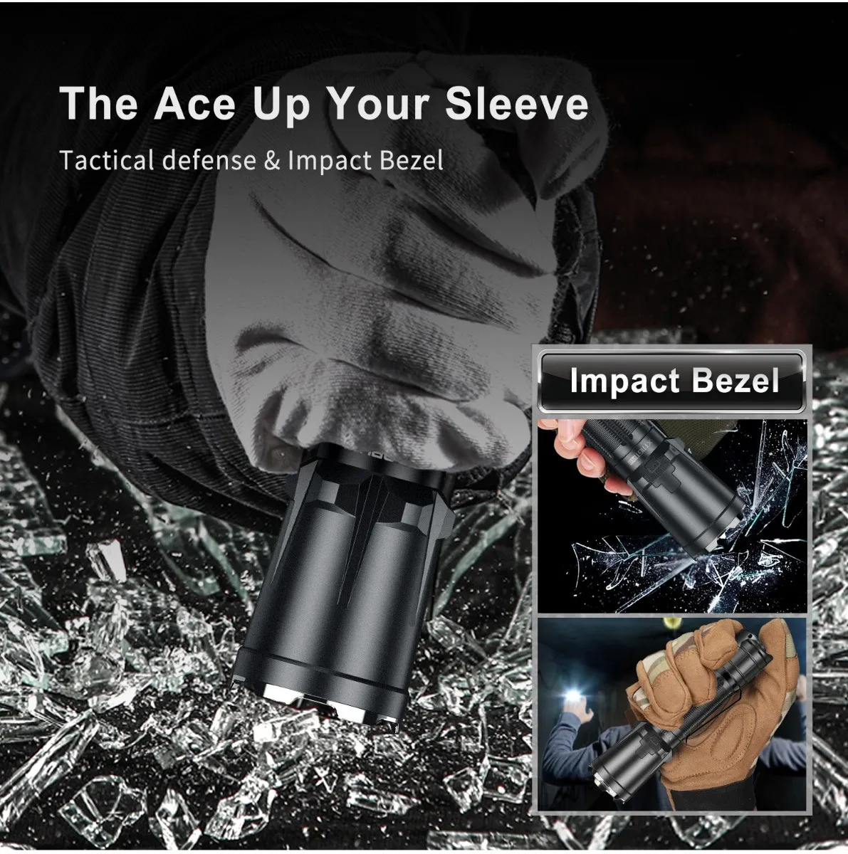 Close-up of a flashlight's impact bezel breaking glass, showcasing its tactical defense capability.