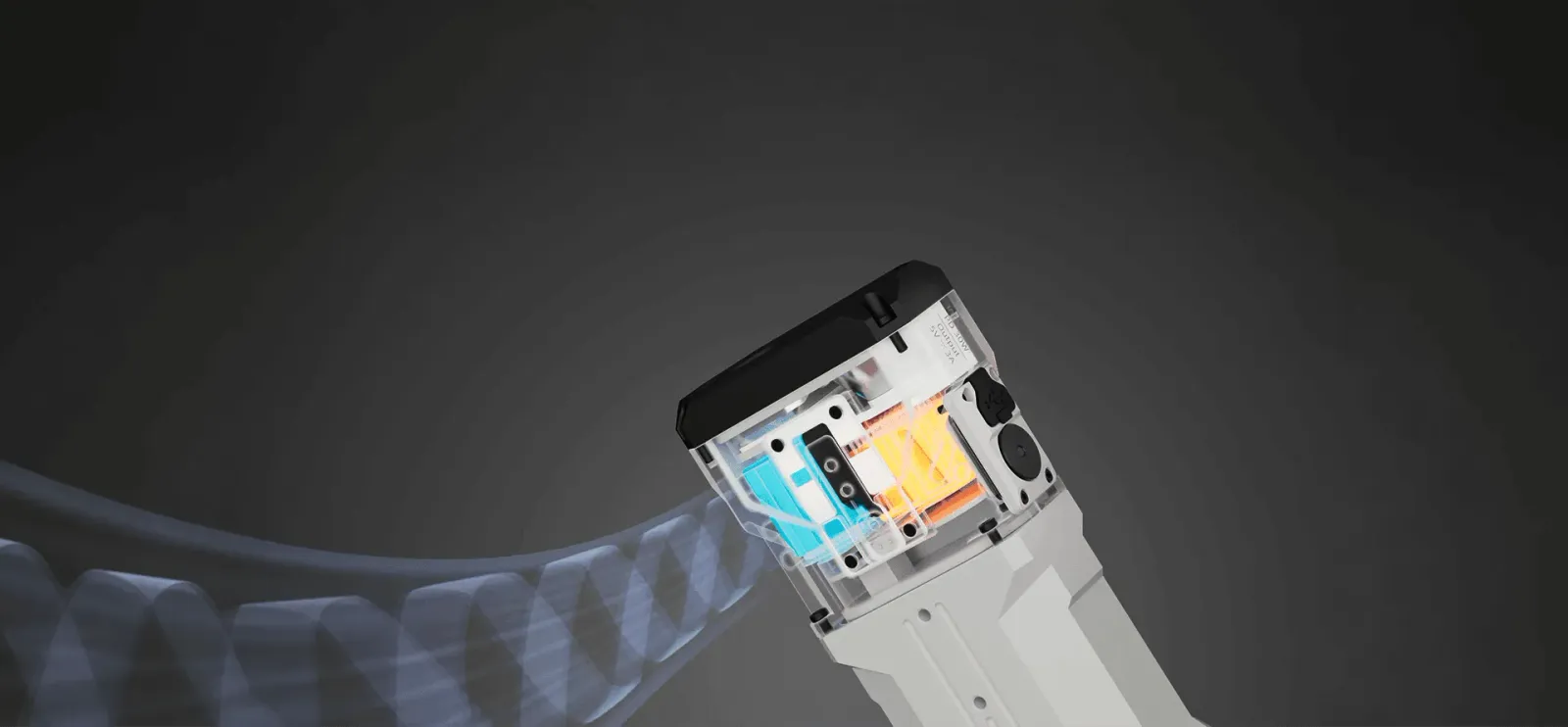 Close-up of the Nitecore X1 Pro flashlight's internal components, showing the blue and orange light sources.