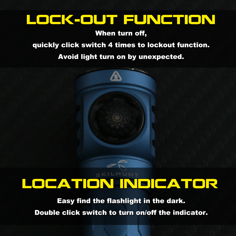Close-up of blue flashlight showing lock-out function and location indicator features.