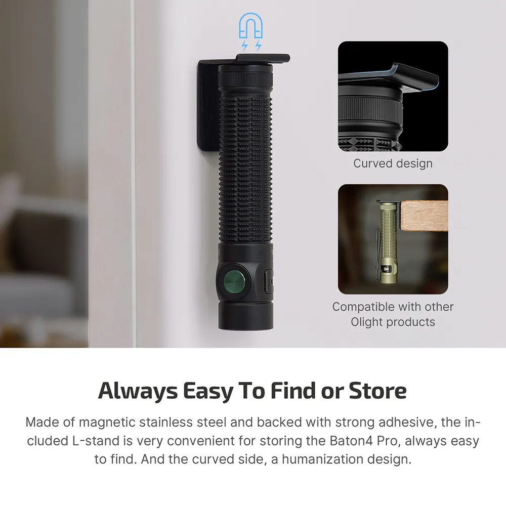 Olight Baton4 Pro flashlight magnetically mounted on an L-stand, highlighting its curved design and compatibility.