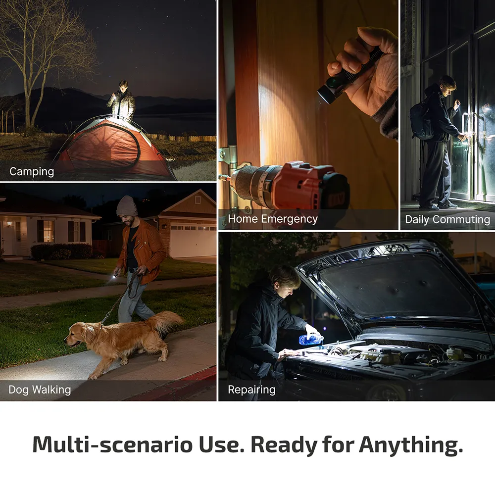 Collage showing Olight Baton4 Pro flashlight in use for camping, home emergency, commuting, dog walking, and repairing.