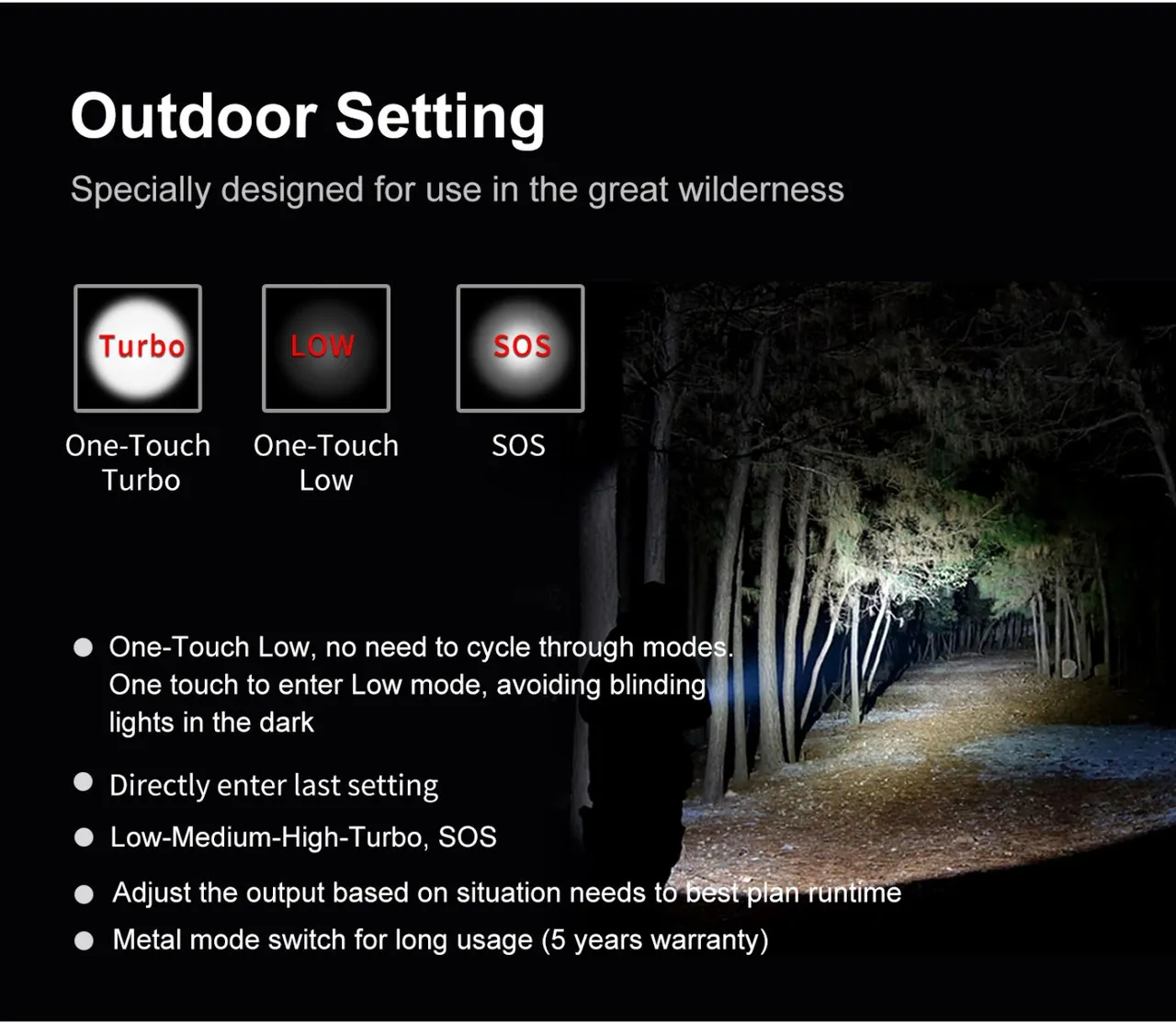 Flashlight beam illuminating a forest path, highlighting Turbo, Low, and SOS modes for outdoor settings.