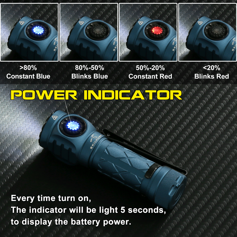 Blue flashlight demonstrating power indicator with different battery levels shown by blue and red lights.