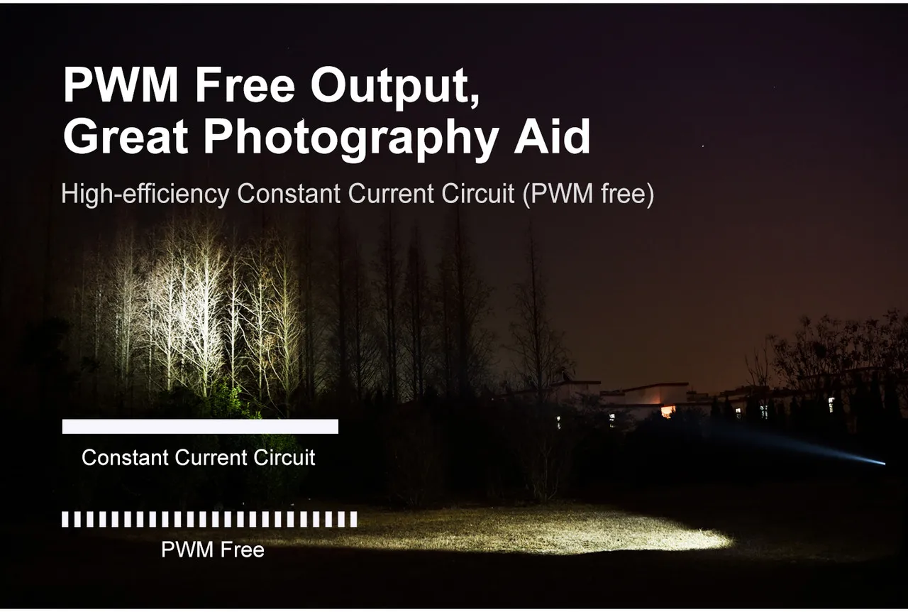 Flashlight beam illuminating trees in a dark forest, demonstrating PWM free output and constant current circuit.