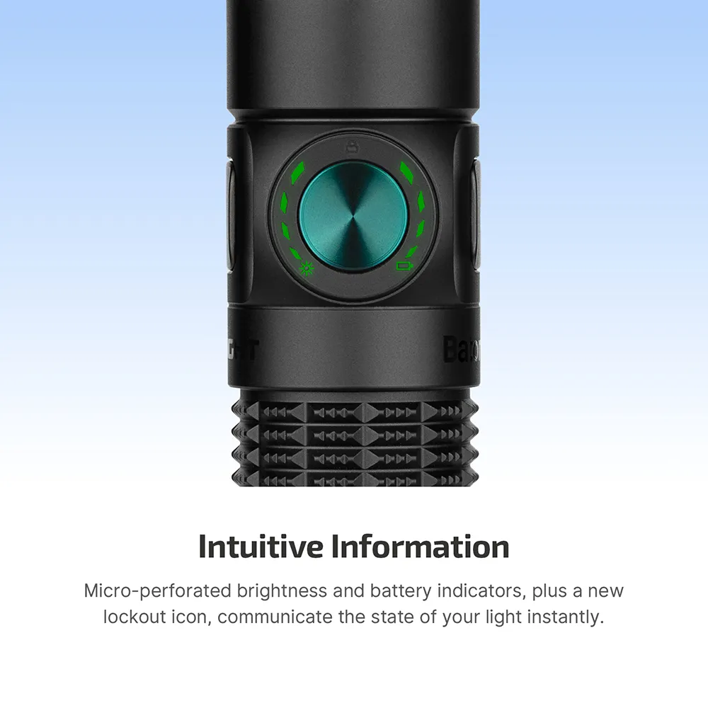 Close-up of the Olight Baton4 Pro's side switch, showing micro-perforated brightness and battery level indicators.