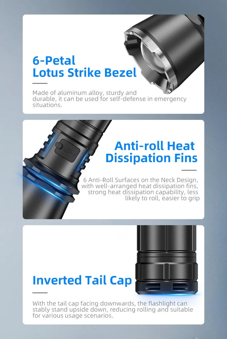 Detailed features of the flashlight: 6-petal lotus strike bezel, anti-roll heat dissipation fins, and inverted tail cap.