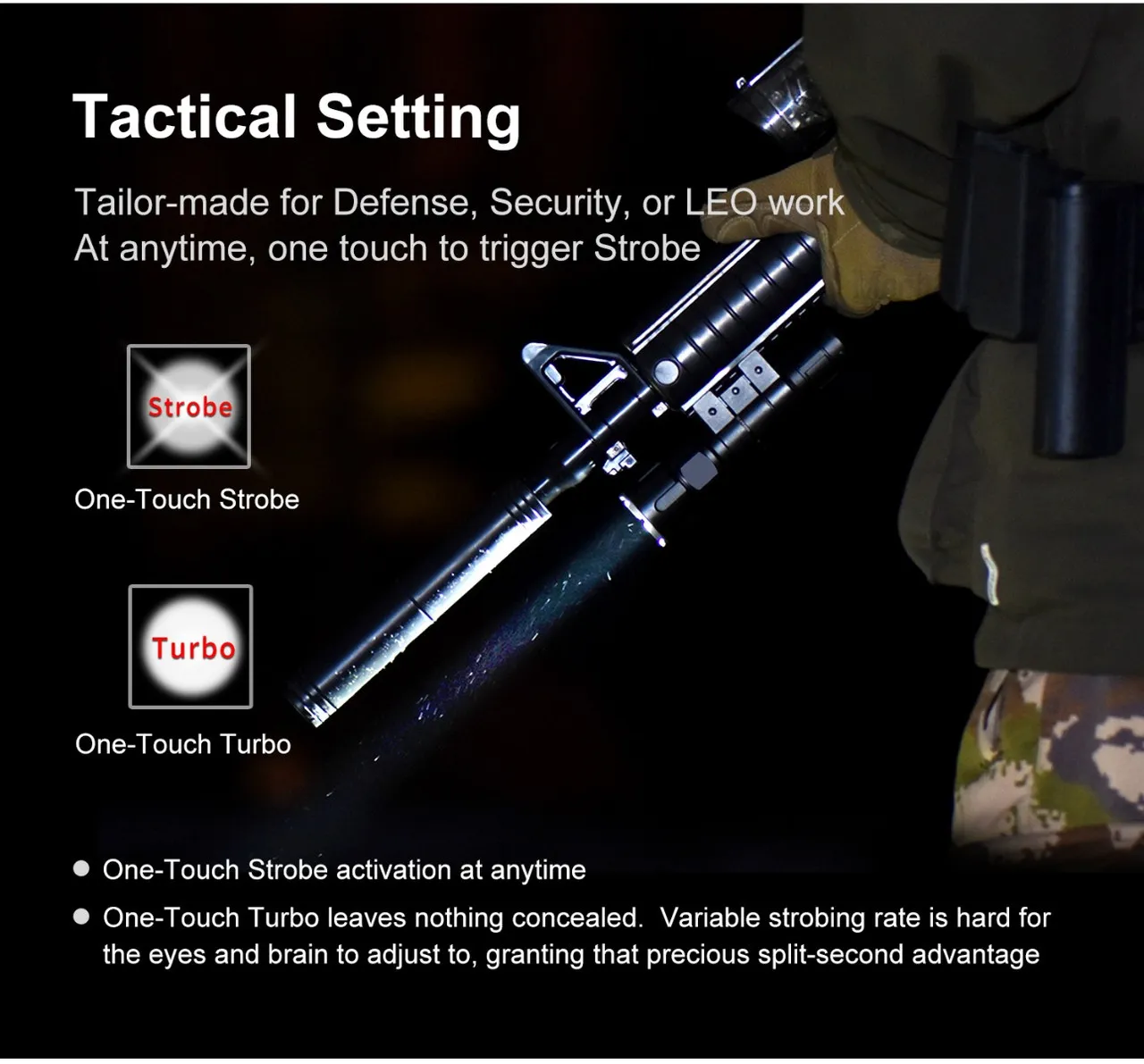 Flashlight mounted on a rifle, demonstrating one-touch strobe and turbo modes for tactical settings.
