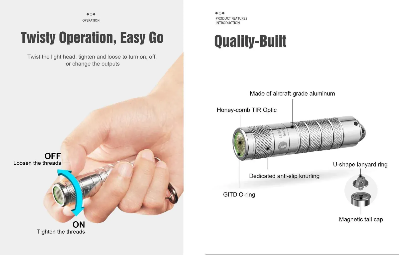 Hand demonstrating twisty operation of the Silver Fox flashlight, and a diagram labeling its quality-built components.
