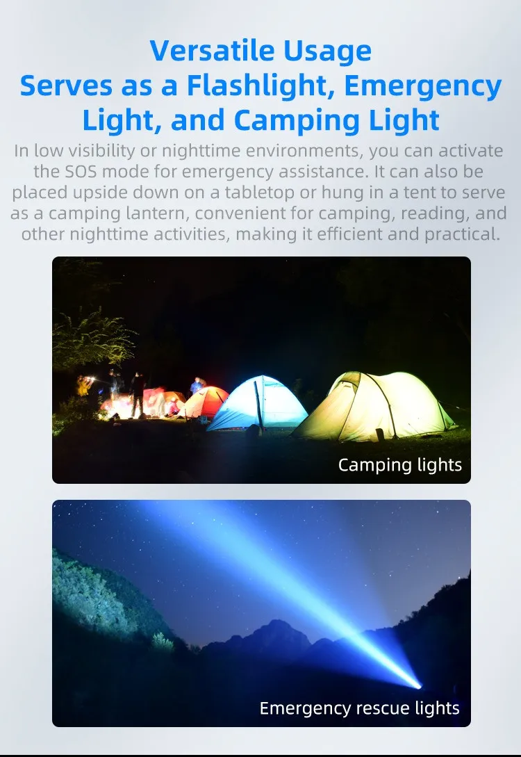 Flashlight used for versatile purposes: illuminating camping tents and as an emergency rescue light.