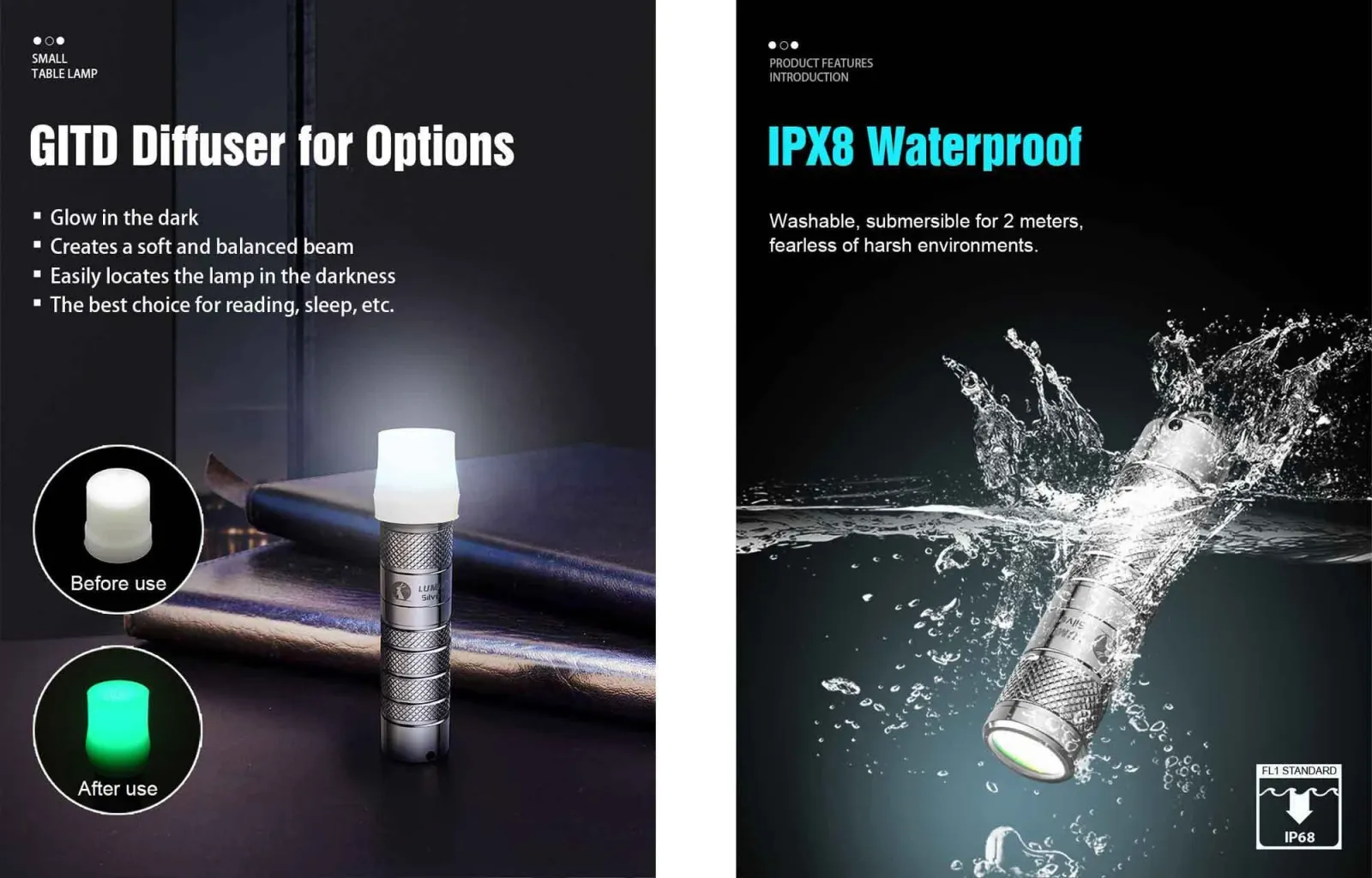 Silver Fox flashlight with glow-in-the-dark diffuser accessory and demonstrating its IPX8 waterproof capability.