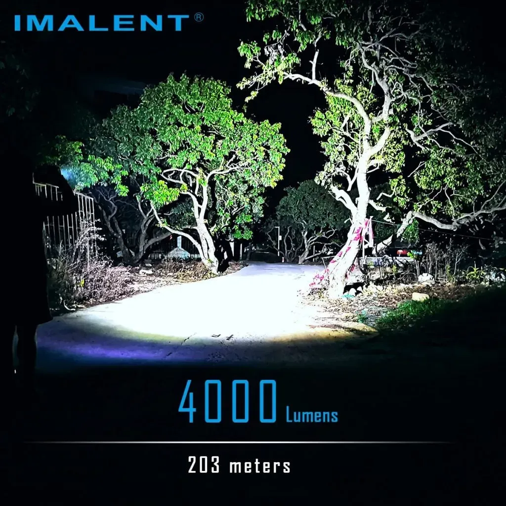 Imalent LD70 Premium Edition - Compact 4000 Lumen Torch illuminating a path at night with a 4000 lumen beam.