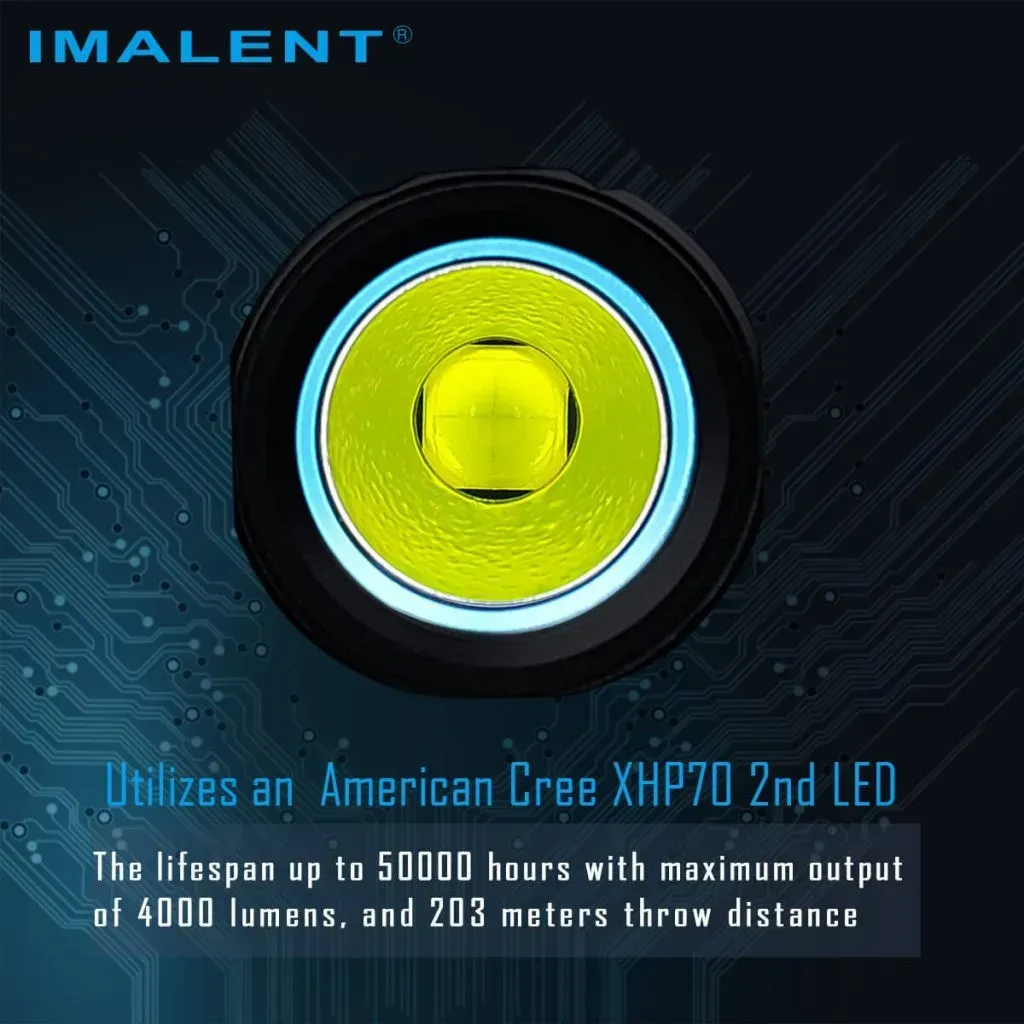 Close-up of the Imalent LD70 Premium Edition - Compact 4000 Lumen Torch's Cree XHP70 2nd LED emitter.