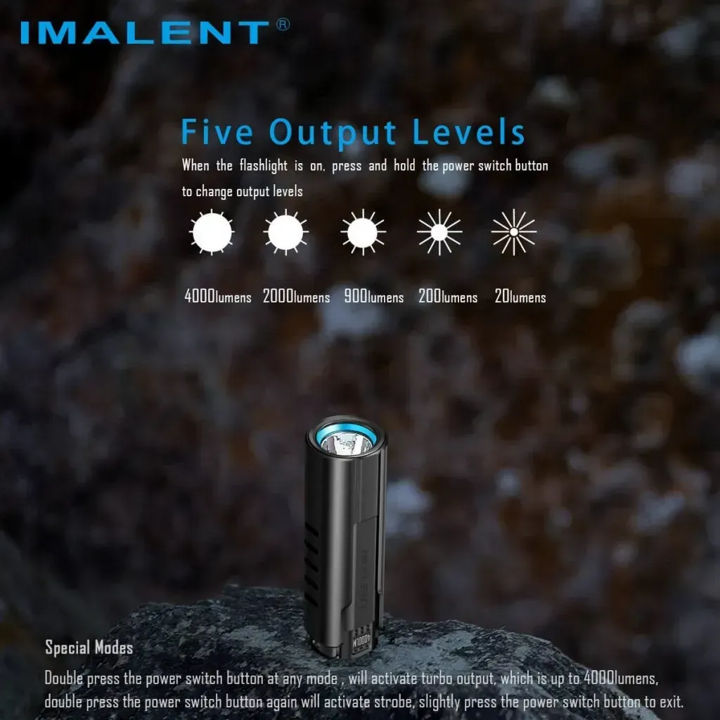 Imalent LD70 Premium Edition - Compact 4000 Lumen Torch displaying its five output levels and special modes.