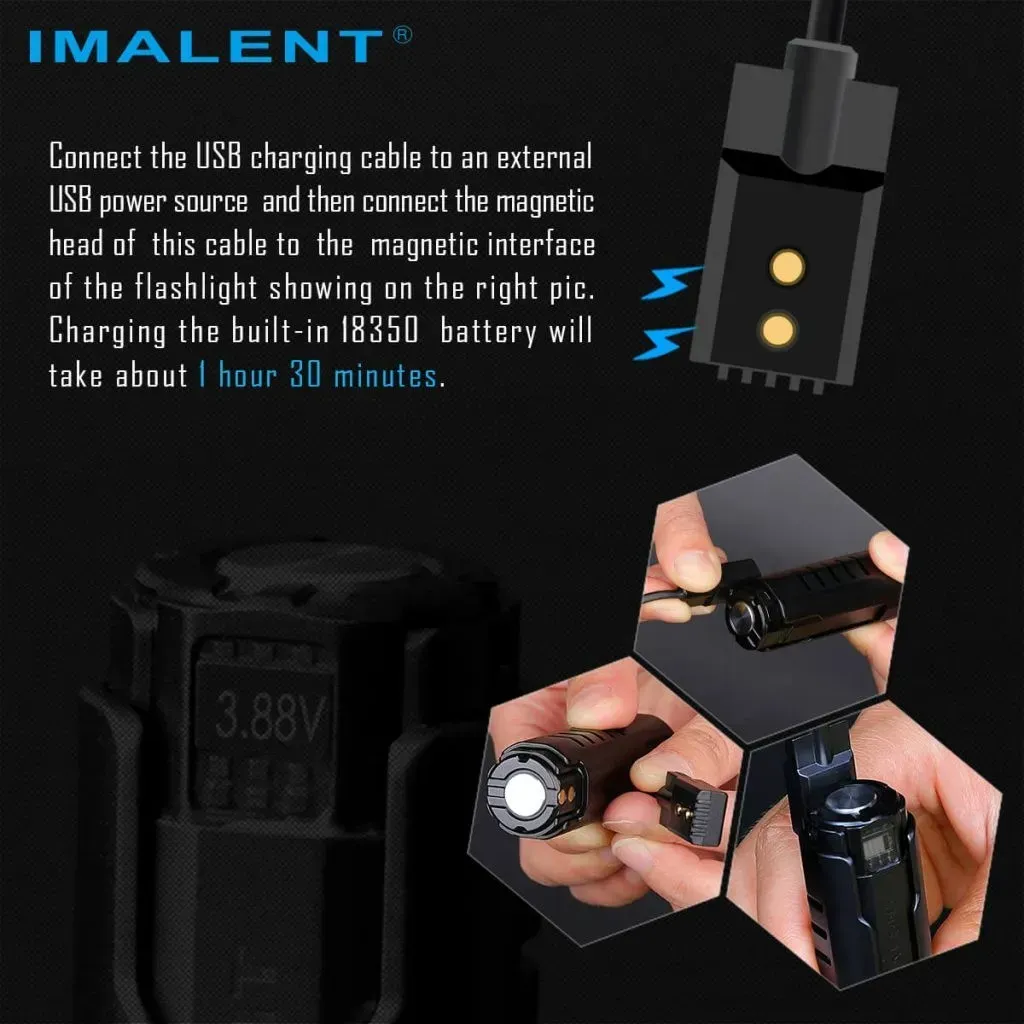 Diagram illustrating how to connect the magnetic USB charging cable to the Imalent LD70 Premium Edition - Compact 4000 Lumen Torch.