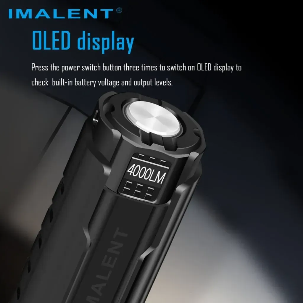 Close-up of the Imalent LD70 Premium Edition - Compact 4000 Lumen Torch's OLED display showing 4000 lumens.