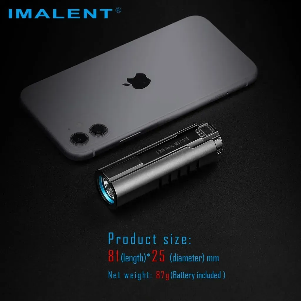Imalent LD70 Premium Edition - Compact 4000 Lumen Torch next to an iPhone, showing its compact size.
