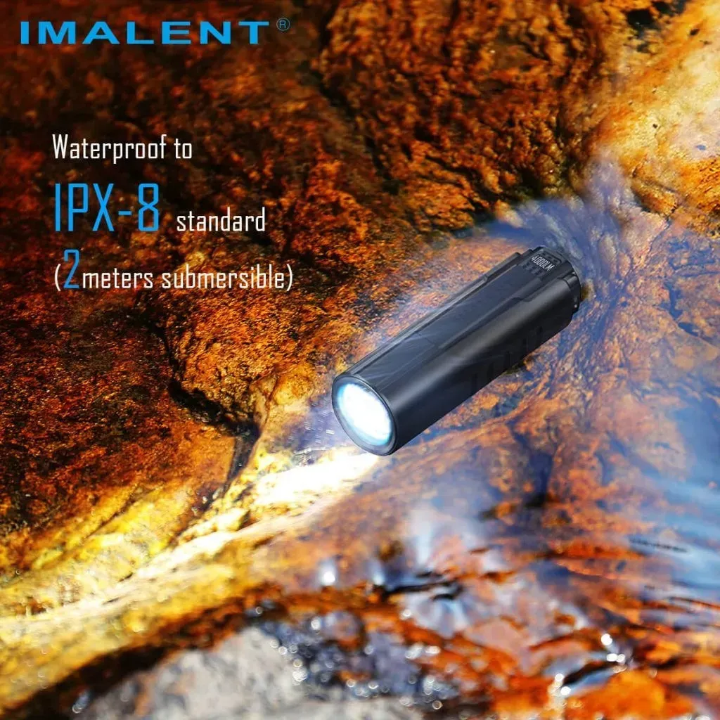 Imalent LD70 Premium Edition - Compact 4000 Lumen Torch submerged in water, demonstrating IPX-8 waterproof rating.