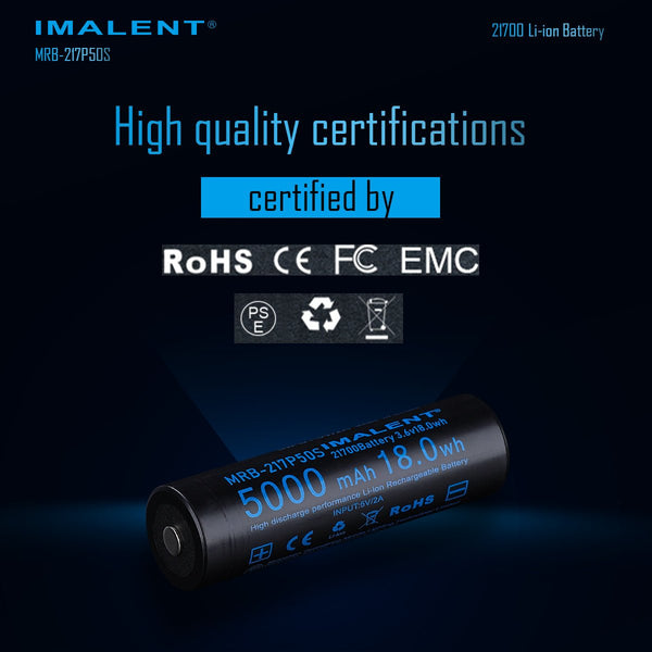 Imalent MRB-217P50S Li-ion battery with quality certifications like RoHS, CE, FC, and EMC displayed.